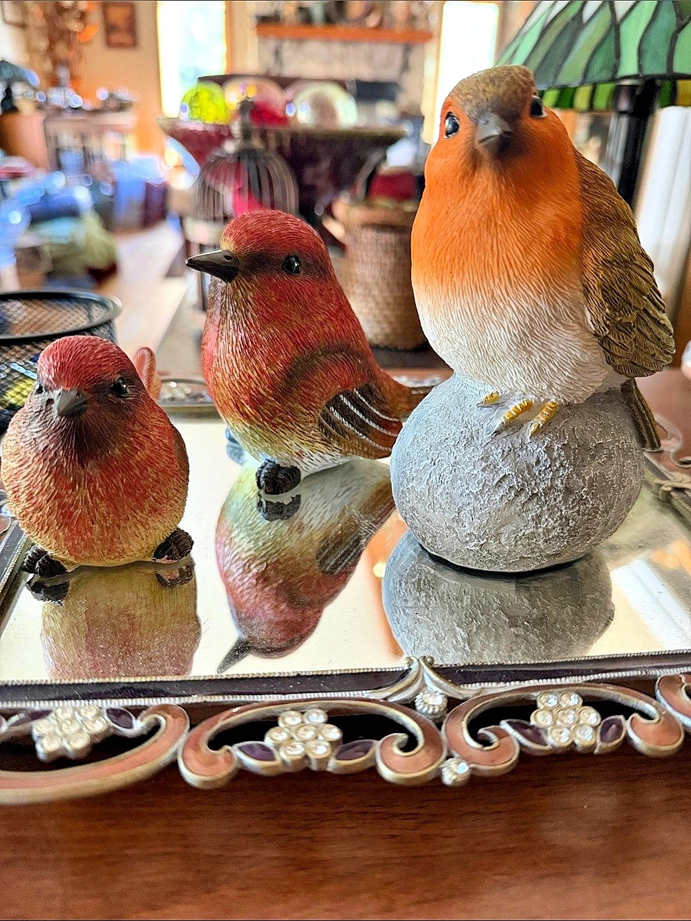 Bird Figurine Set of 3 in Orange, Red & Brown